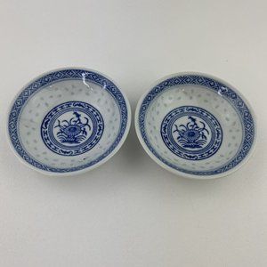 Set of 2 Chinese Jingdezhen Blue and White Rice Eyes Flower Pattern Bowls 4"